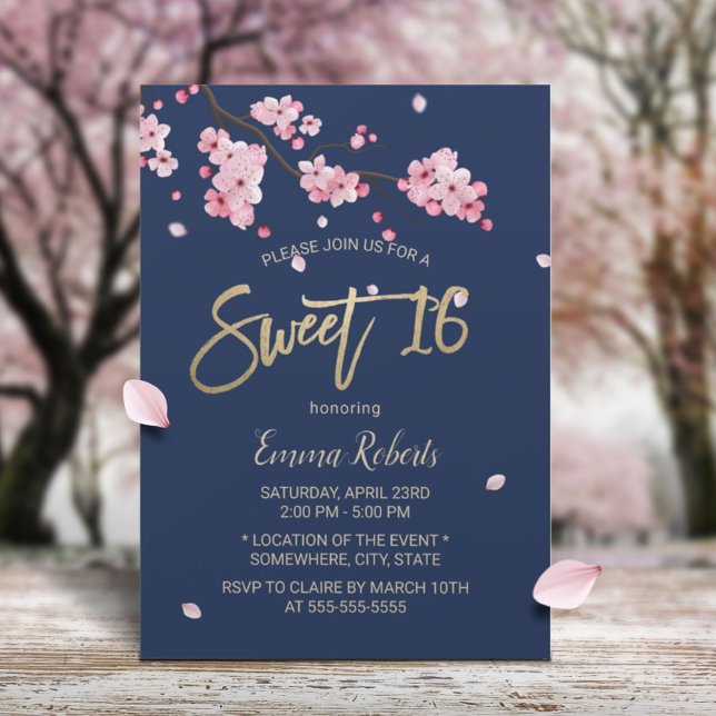 Elegant Cherry Blossom Pink Floral Navy Sweet 16 Invitation (Creator Uploaded)