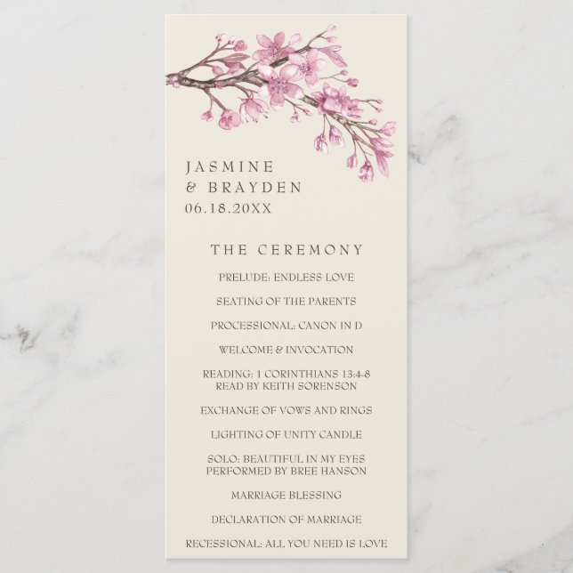 Elegant Cherry Blossom Pink Floral Wedding Program (Front)