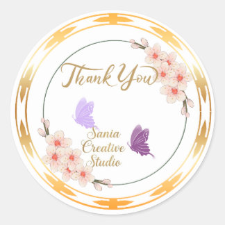 Elegant Cherry Blossom & Purple Butterflies Thank Classic Round Sticker