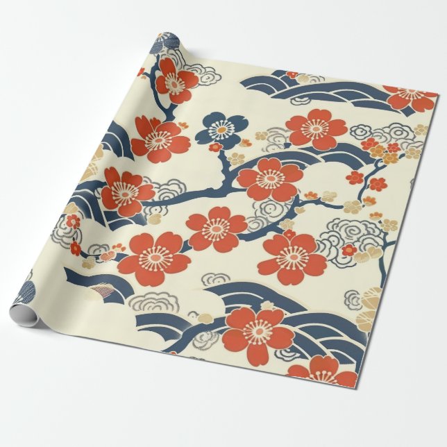 Elegant Cherry Blossom Seamless Pattern (14) Wrapping Paper (Unrolled)