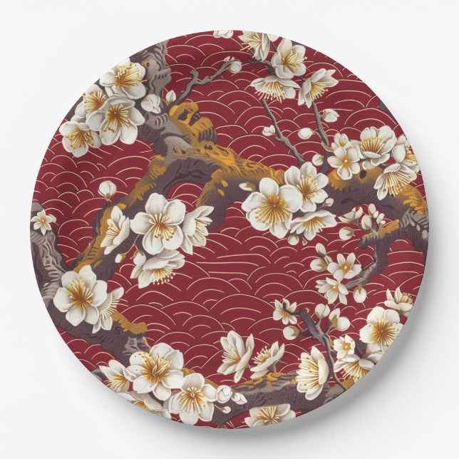 Elegant Cherry Blossom Seamless Pattern (17) Paper Plate (Front)