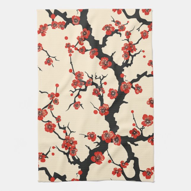 Elegant Cherry Blossom Seamless Pattern (1) Tea Towel (Vertical)