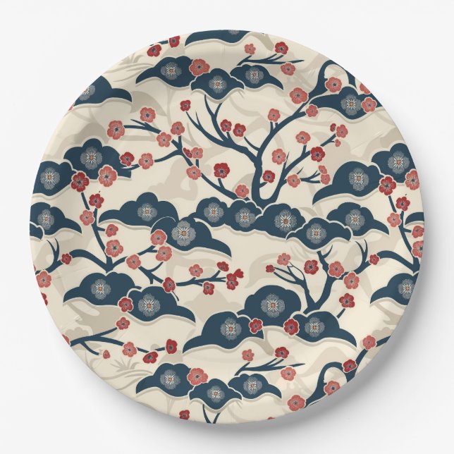 Elegant Cherry Blossom Seamless Pattern (2) Paper Plate (Front)