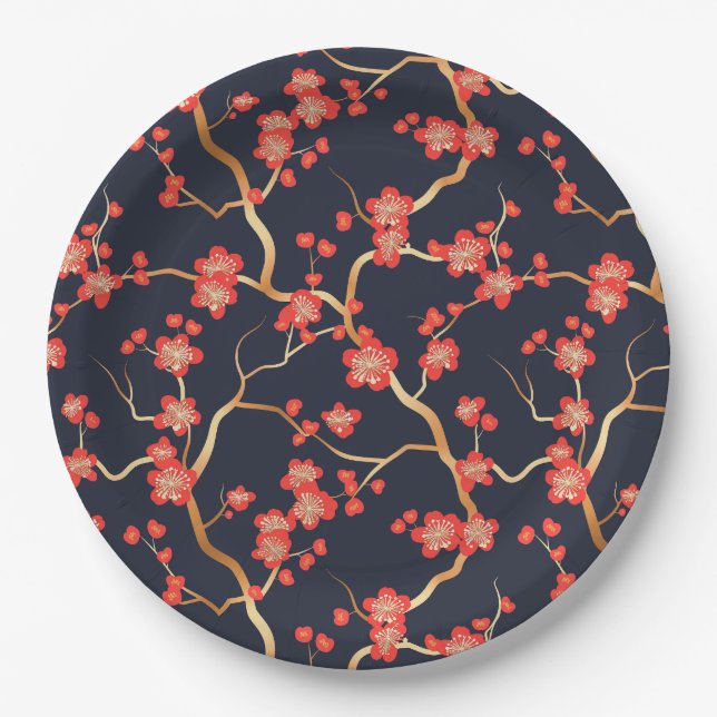 Elegant Cherry Blossom Seamless Pattern (3) Paper Plate (Front)