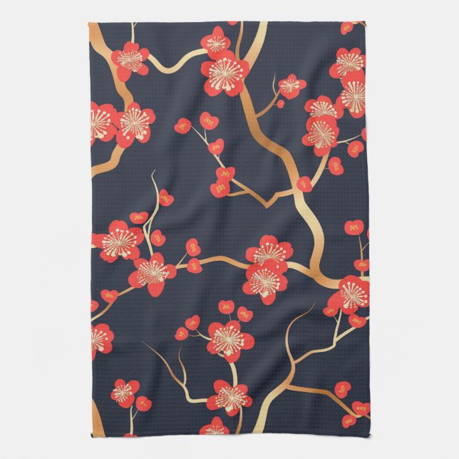 Elegant Cherry Blossom Seamless Pattern (3) Tea Towel (Vertical)