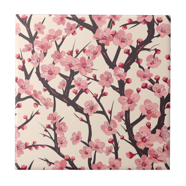 Elegant Cherry Blossom Seamless Pattern (6) Ceramic Tile (Front)