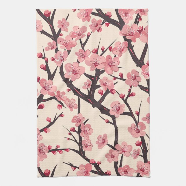 Elegant Cherry Blossom Seamless Pattern (6) Tea Towel (Vertical)