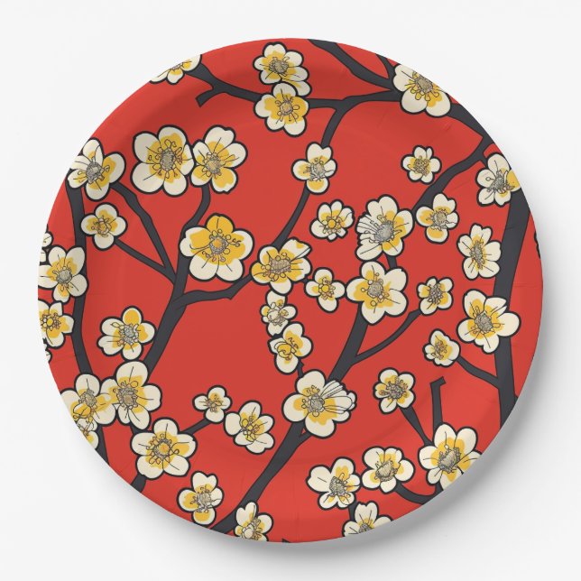 Elegant Cherry Blossom Seamless Pattern (9) Paper Plate (Front)