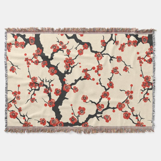 Elegant Cherry Blossom Seamless Pattern Throw Blanket (Front)
