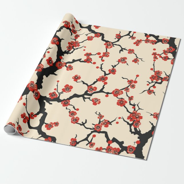 Elegant Cherry Blossom Seamless Pattern Wrapping Paper (Unrolled)