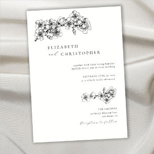 Elegant Cherry Blossom Sketch Botanical BW Wedding Invitation