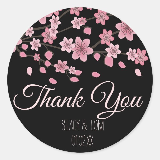Elegant Cherry Blossom Tree Petals Black Wedding Classic Round Sticker (Front)