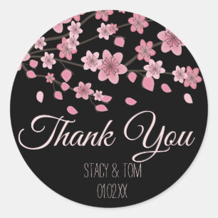 Elegant Cherry Blossom Tree Petals Black Wedding Classic Round Sticker