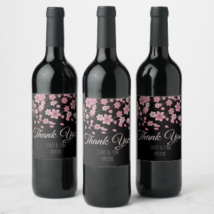 Elegant Cherry Blossom Tree Petals Black Wedding Wine Label