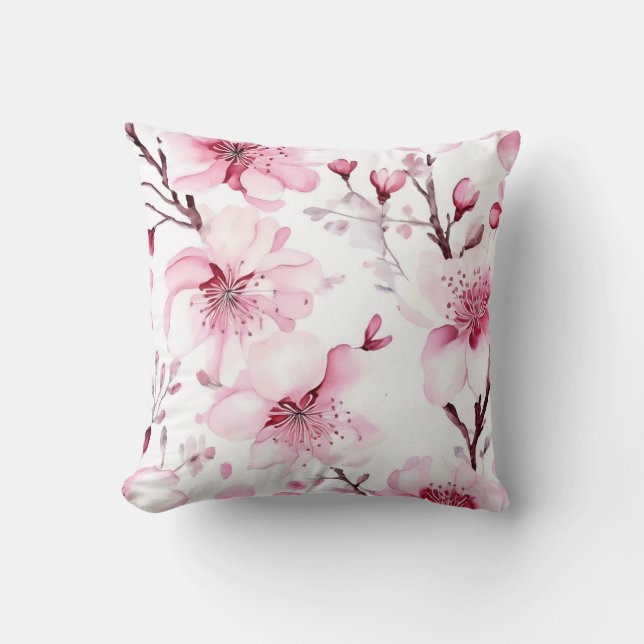 Elegant Cherry Blossom Watercolor Pattern Cushion (Front)