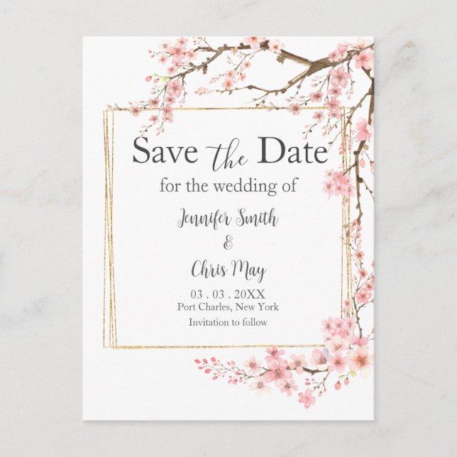 Elegant Cherry Blossom Wedding Save the Date Postcard (Front)