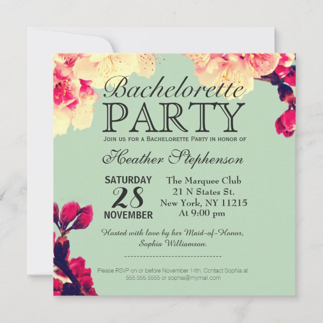 Elegant Cherry Blossoms on Rustic Teal Invitation (Front)