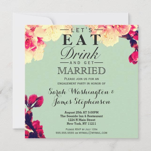Elegant Cherry Blossoms on Rustic Teal Invitation (Front)
