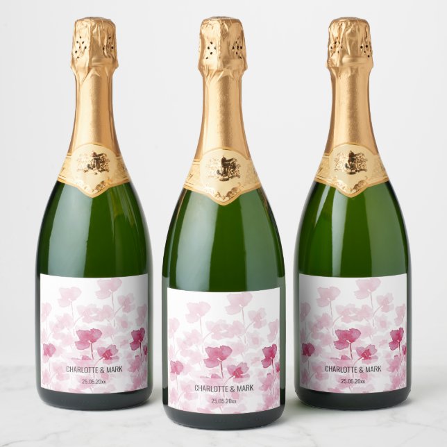 Elegant Cherry Blossoms Watercolor Hand-painted Sparkling Wine Label (Bottles)