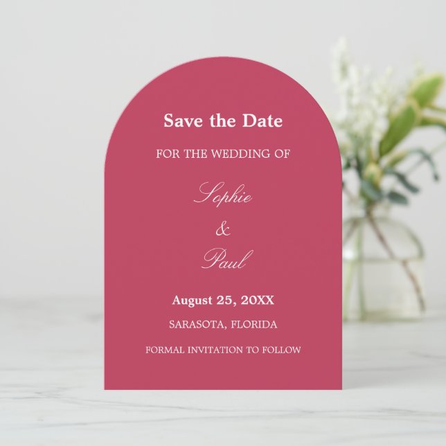 Elegant Cherry Magenta Arch Save the Date (Standing Front)