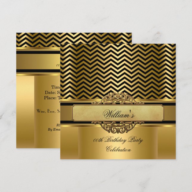 Elegant Chevron Gold Black Stripe Birthday Party Invitation (Front/Back)