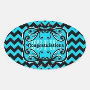 Elegant chevron graduation black and turquoise oval sticker