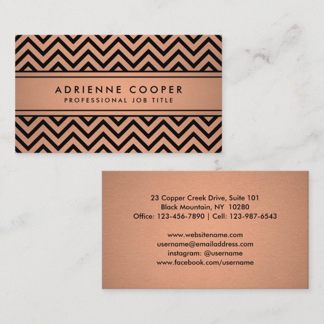 Elegant Chevron Patter Copper Faux Foil and Black Business Card (Front/Back)