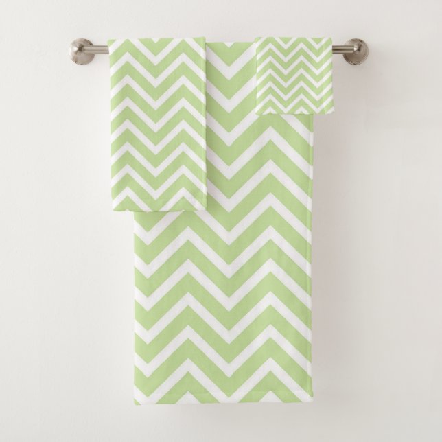 Elegant Chevron Pattern on Sage Green and White Bath Towel Set (Insitu)