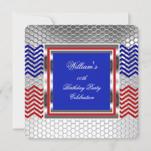 Elegant Chevron Red Blue Silver Birthday Party Invitation