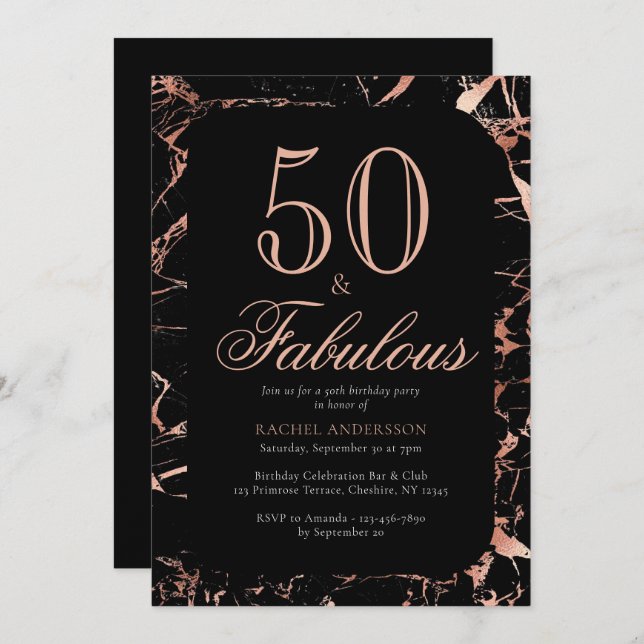 Elegant Chic 50th Birthday Rose Gold Black Party Invitation (Front/Back)