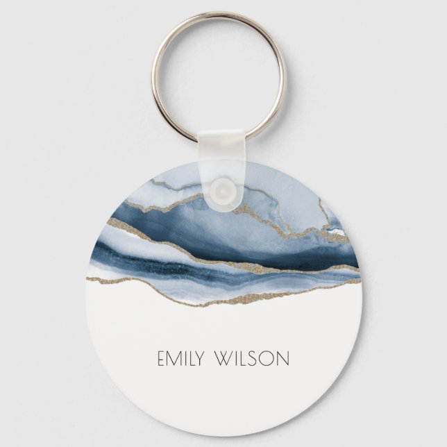 Elegant Chic Abstract Agate Blue Gold  Watercolor Key Ring (Front)