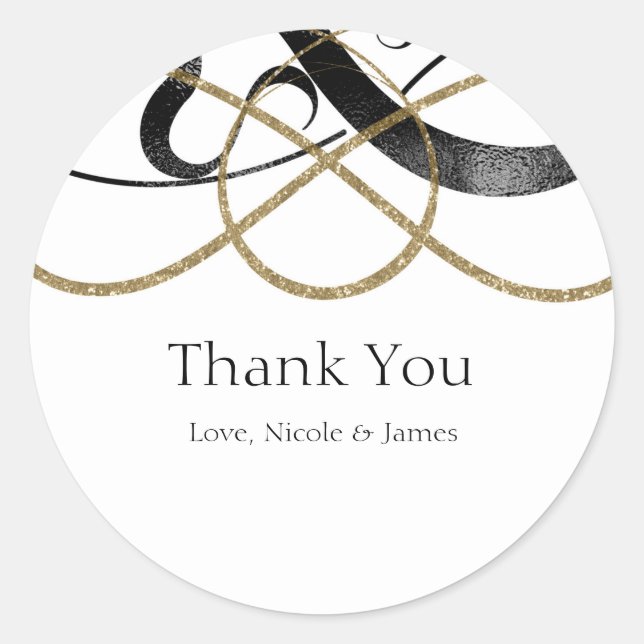 Elegant Chic Art Black & Gold Wedding Favour Classic Round Sticker (Front)