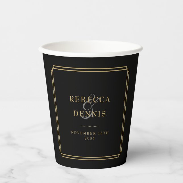 Elegant Chic Art Deco Black And Gold Wedding Paper Cups (Front)