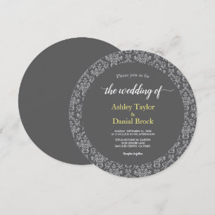 Elegant Chic Art Deco Grey Classic Damask Wedding Invitation