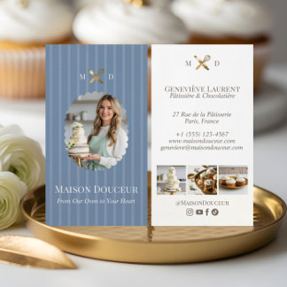 Elegant Chic Bakery Stripes & Gold Whisk Photo Business Card