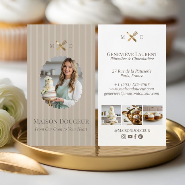 Elegant Chic Bakery Stripes & Gold Whisk Photo  Business Card (Elegant Chic Bakery Stripes & Gold Whisk Photo Business Card)