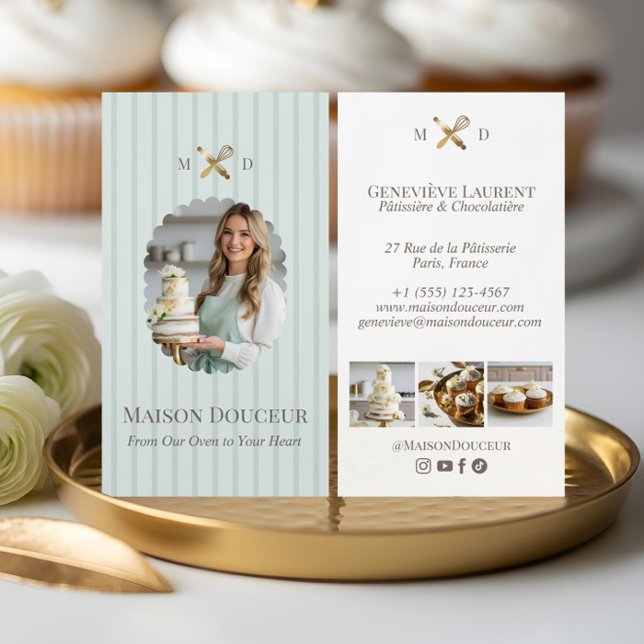 Elegant Chic Bakery Stripes & Gold Whisk Photo  Business Card (Elegant Chic Bakery Stripes & Gold Whisk Photo Business Card)