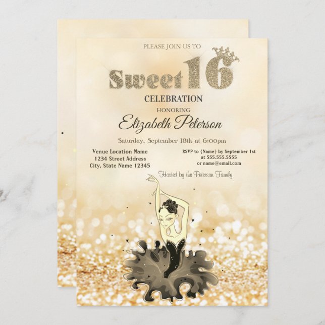 Elegant Chic Ballerina Gold Bokeh Sweet 16 Invitation (Front/Back)