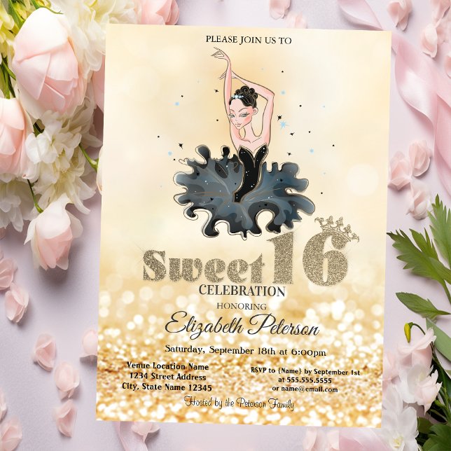 Elegant Chic Ballerina Gold Glitter Bokeh Sweet 16 Invitation (Creator Uploaded)