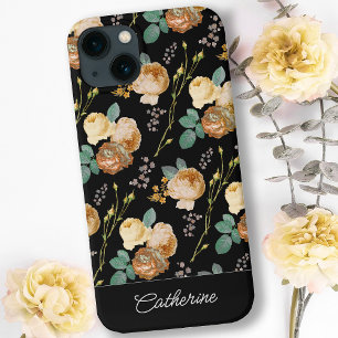 Elegant Chic Beige Roses Floral on Black  iPhone 13 Case