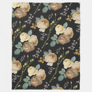 Elegant Chic Beige Roses Floral on Black Fleece Blanket