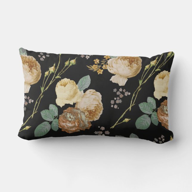 Elegant Chic Beige Roses Floral on Black  Lumbar Cushion (Back)