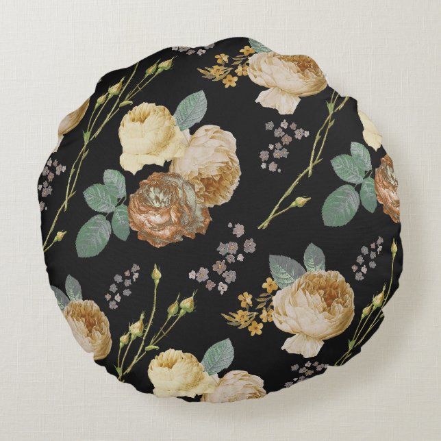 Elegant Chic Beige Roses Floral on Black Round Cushion (Back)