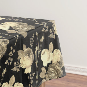 Elegant Chic Beige Roses Floral on Black Tablecloth