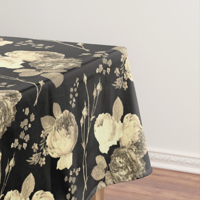Elegant Chic Beige Roses Floral on Black Tablecloth (In Situ)