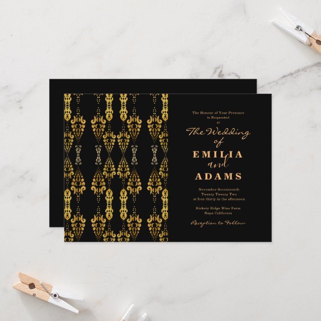 Elegant Chic Black and Gold Ornamental Wedding Invitation (Front/Back In Situ)