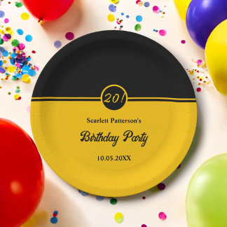 Elegant Chic Black And Gold Trendy 20th Birthday Paper Plate