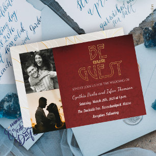 Elegant Chic Black and Red Custom 2 Photos Wedding Invitation