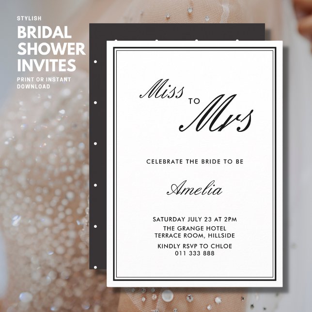 Elegant Chic Black and White Script Bridal Shower Invitation (Creator Uploaded)