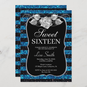 Elegant Chic Black Blue Glitter Rose Sweet 16 Invitation